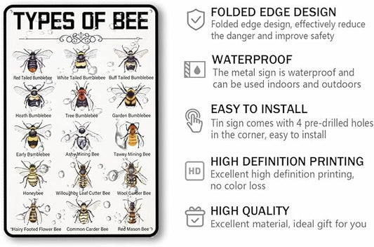 Types of Bee Vintage Metal Tin Sign Honey 8x12 Inches
