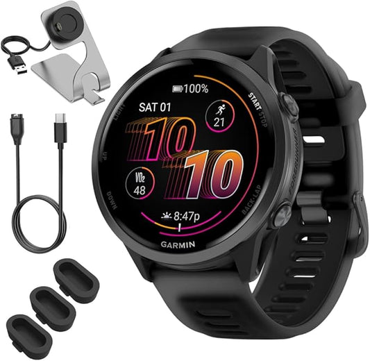 Garmin 010-02971-00 Forerunner 570-47mm GPS Smartwatch, Aluminum and Black Band Bundle with Deco Essentials Charging Dock, 3X Silicone Dust Cover and USB Type C Charging and Sync Cable