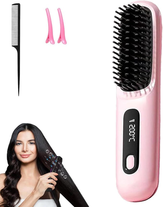 Go Brush Pro, Hair Straightener Brush Portable Gobrush Pro 2025 Cordless Hair Straightener for Travel (Pink)