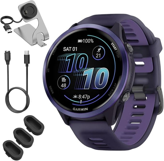 Garmin 010-02971-02 Forerunner 570-47mm GPS Smartwatch, Aluminum and Purple/Indigo Band Bundle with Deco Essentials Charging Dock, 3X Silicone Dust Cover and USB Type C Charging and Sync Cable