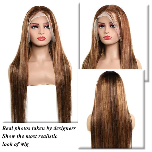FABA Highlight Lace Front Wig Human Hair 32 Inch #4/27 Colored Lace Front Wig 13x4 HD Straight Human Hair 180% Density Ombre Brown with Human Hair Baby Hair