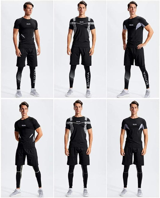 BUYJYA 5Pcs Men's Compression Pants Shirt Top Long Sleeve Jacket Athletic Sets Gym Clothing Mens Workout