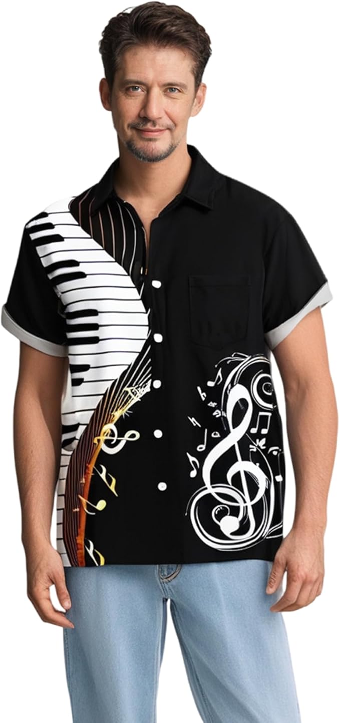 Music Shirts for Men Hawaiian Bowling Vintage Print Short Sleeve Casual Button Down Beach Big Tall Shirt