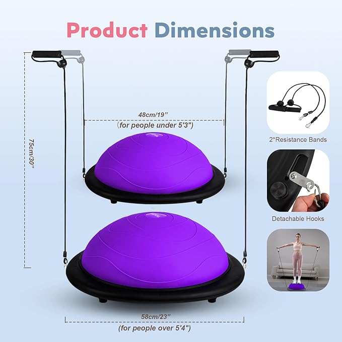 Half Balance Ball Trainer, Inflatable Half Exercise Ball Balance Trainer with Pilates Ball & Resistance Bands, Non-Slip Half Yoga Ball for Home Gym Full Body Workouts