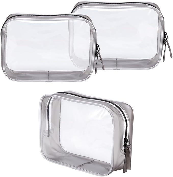 Clear Plastic Black Zippered Toiletry Carry Pouch TSA Approved Toiletry Bag Portable Cosmetic Makeup Bag for Vacation, Bathroom and Organizing (Black 3Pcs, Small)
