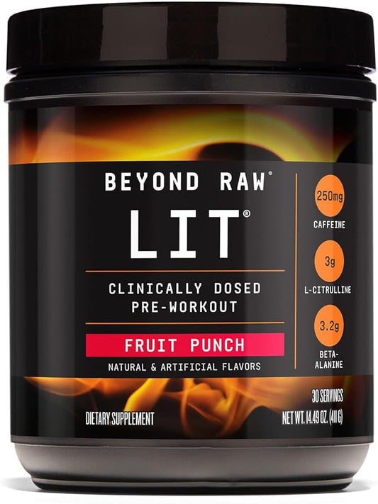 Beyond Raw LIT PreWorkout Powder Supplement For Men and Women, Energy, Focus, Endurance, Pumps, Nitric Oxide Boost, 250mg Caffeine, Creatine, Beta Alanine, Fruit Punch, 30 Servings