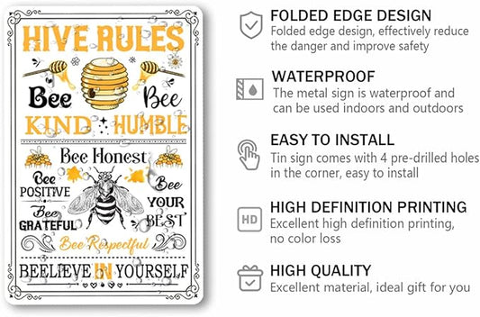 Hive Rules Funny Vintage Tin Sign Humble Kind 8x12 Inch