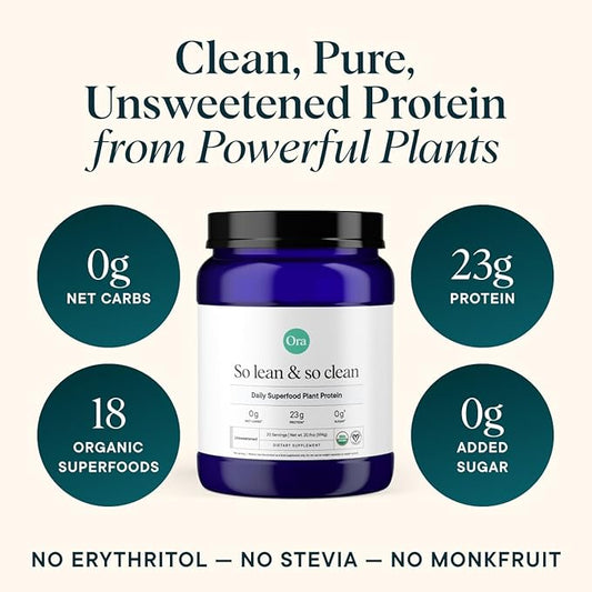 Ora Organic Vegan Protein Powder - 23g Plant Based Pea Protein + Superfood for Women and Men - Unsweetened 20 Servings, No Erythritol, Digestive Enzyme, Keto-Friendly, Gluten-Free, Paleo, Soy-Free
