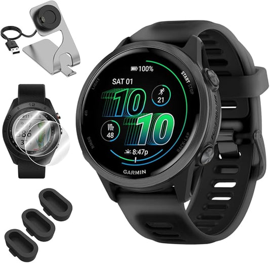 Garmin 010-02970-00 Forerunner 570 42mm GPS Smartwatch, Aluminum and Black Band Bundle with Deco Essentials Charging Dock, 3X Silicone Dust Cover and 2X 1.2 Inch Screen Protector