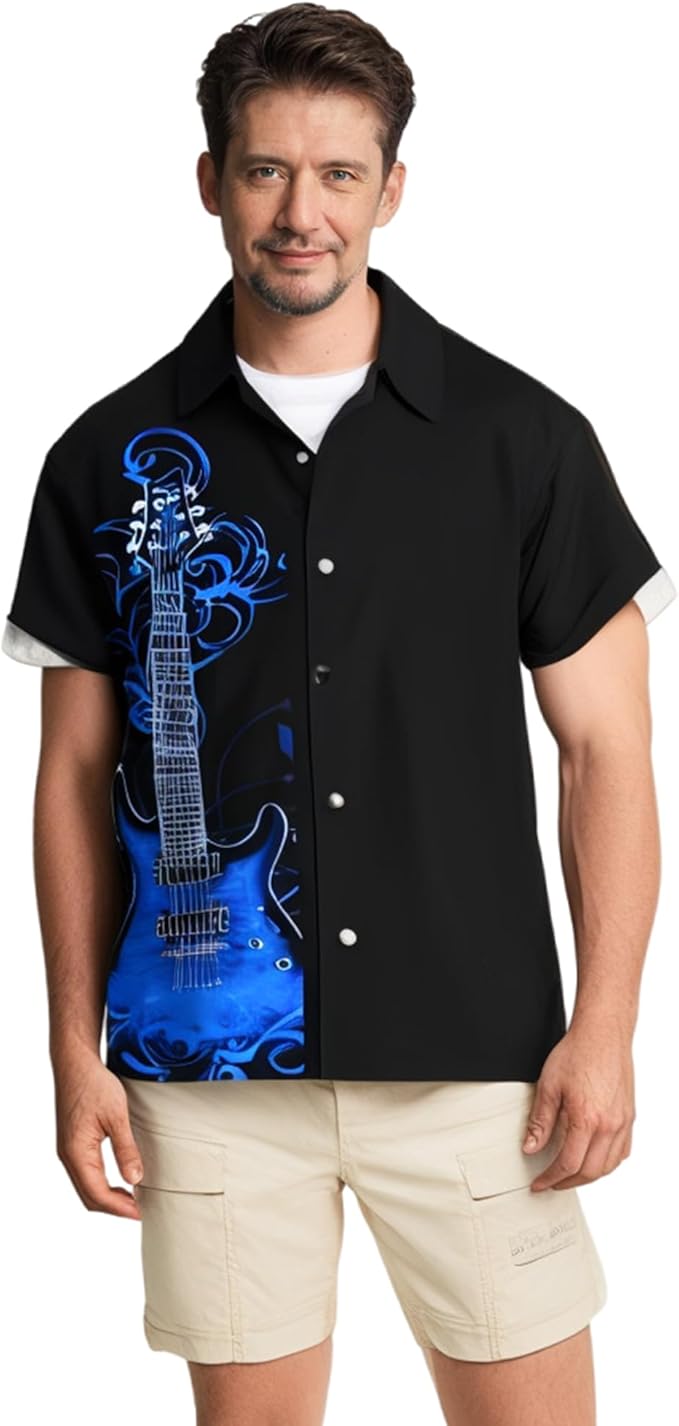 Music Shirts for Men Hawaiian Bowling Vintage Print Short Sleeve Casual Button Down Beach Big Tall Shirt