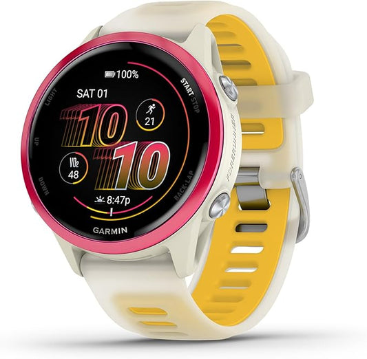 Garmin Forerunner 570 Running Smartwatch, 42MM WiFi, GPS Fitness Smart Watch for Men and Women, Raspberry Aluminum with Translucent Bone/Mango Band + Access 600 Fitness Monitor, XS-S + More