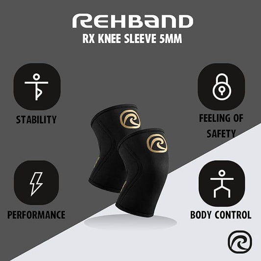 Rehband 5mm Knee Sleeves for Functional Training, Cross-Training & Powerlifting, Weightlifting Knee Support made of Neoprene, Unisex, Colour:Gold/Black - 1 Pair, Size:Small
