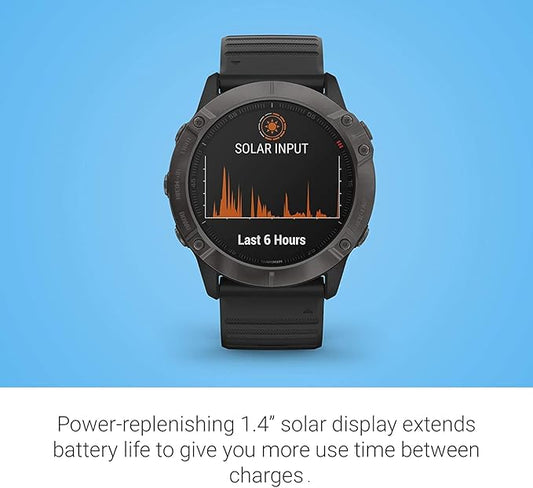 Garmin fenix 6X Pro Solar, Premium Multisport GPS Watch with Solar Charging Capabilities, Features Mapping, Music, Grade-Adjusted Pace Guidance and Pulse Ox Sensors, Dark Gray with Black Band