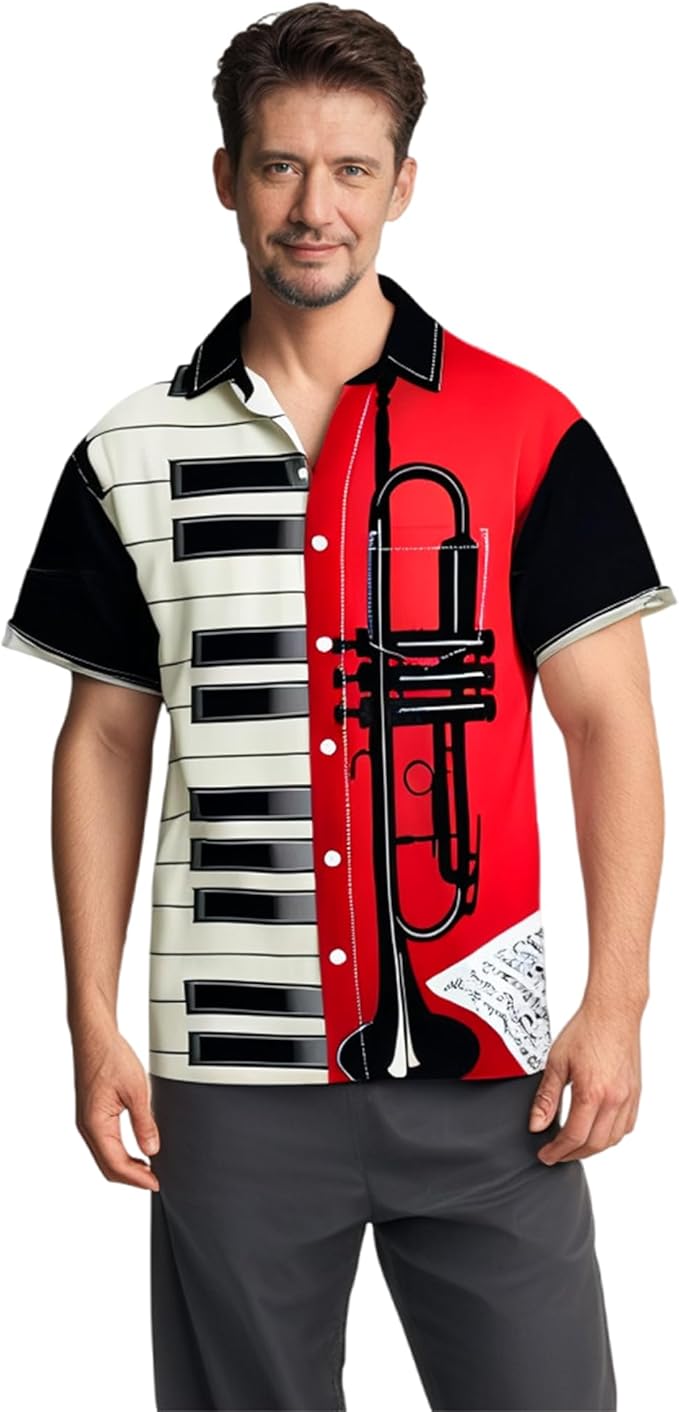 Music Shirts for Men Hawaiian Bowling Vintage Print Short Sleeve Casual Button Down Beach Big Tall Shirt