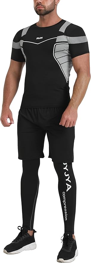 BUYJYA 5Pcs Men's Compression Pants Shirt Top Long Sleeve Jacket Athletic Sets Gym Clothing Mens Workout