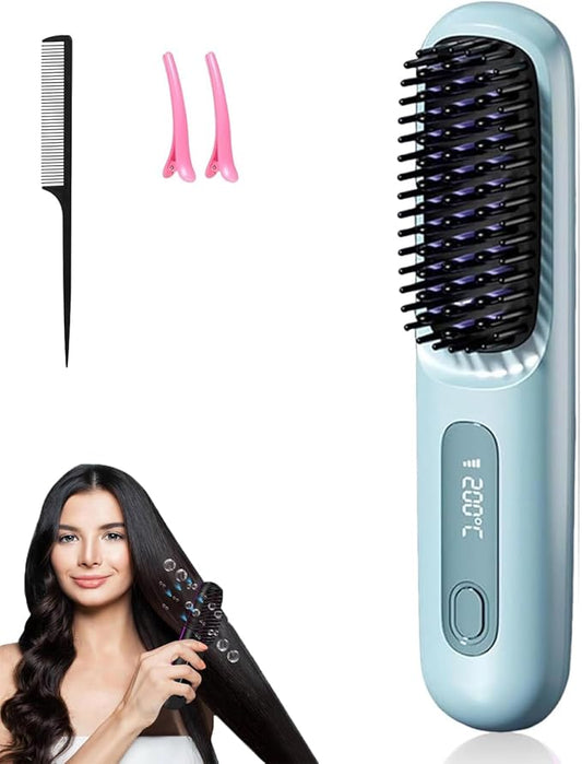 Go Brush Pro, Hair Straightener Brush Portable Gobrush Pro 2025 Cordless Hair Straightener for Travel (Blue)
