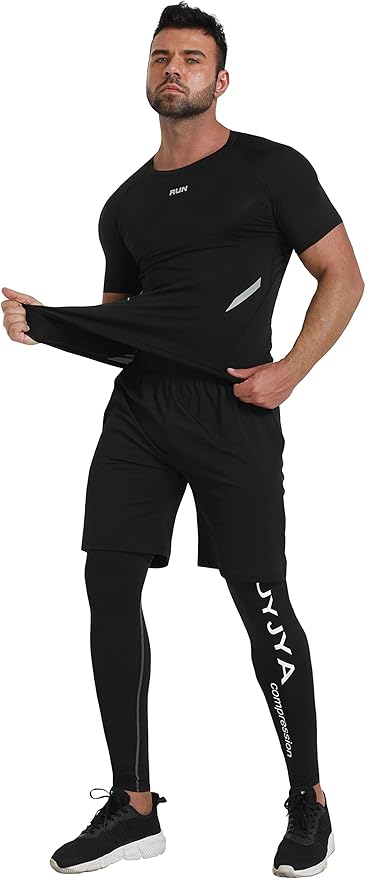 BUYJYA 5Pcs Men's Compression Pants Shirt Top Long Sleeve Jacket Athletic Sets Gym Clothing Mens Workout