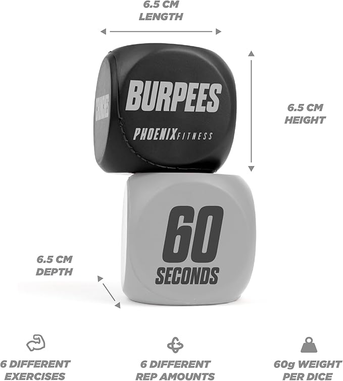 Phoenix Fitness Exercise Dice - Workout Dice Game for Cardio, HIIT Training and Exercise Classes - Training Includes Push Ups, Squats, Jumping Jacks, Crunches & Wildcard - Home and Gym