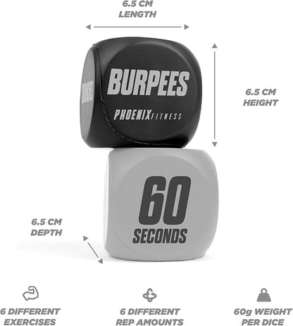 Phoenix Fitness Exercise Dice - Workout Dice Game for Cardio, HIIT Training and Exercise Classes - Training Includes Push Ups, Squats, Jumping Jacks, Crunches & Wildcard - Home and Gym