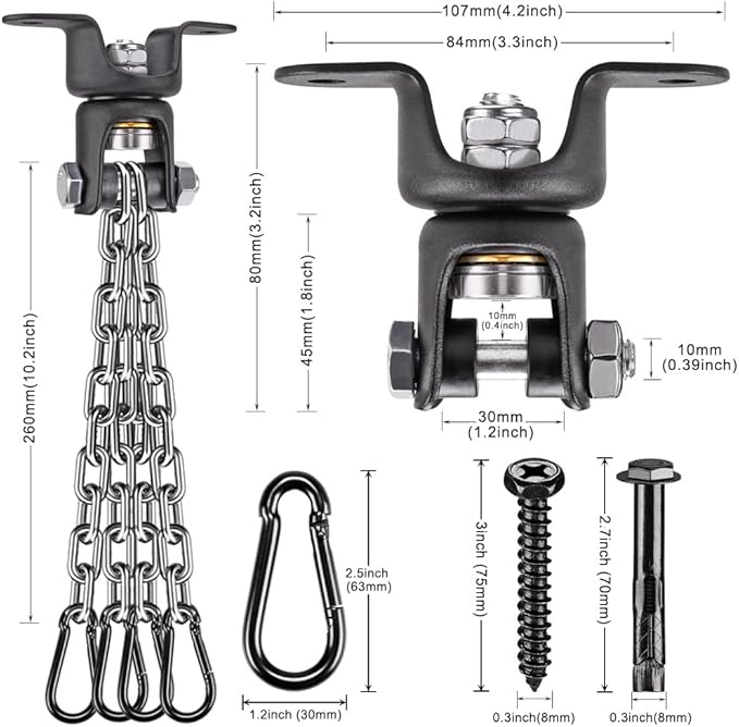BeneLabel Heavy Duty Boxing Punching Bag Hanger with Chain, 800 LB Capacity, 360° Rotation Wood Beam Holder with 4 Chains and 4 Carabiners, 2 Wood Screws for Wooden Sets