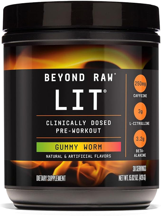 BEYOND RAW LIT PreWorkout Powder Supplement for Men and Women, Energy, Focus, Endurance, Pumps, Nitric Oxide Boost, 250mg Caffeine, Creatine, Beta Alanine, Gummy Worm, 30 Servings