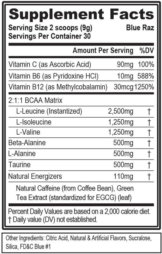 EVL BCAAs Amino Acids Powder - BCAA Energy Pre Workout Powder for Muscle Recovery Lean Growth and Endurance - Rehydrating Post Workout Recovery Drink with Natural Caffeine - Blue Raz