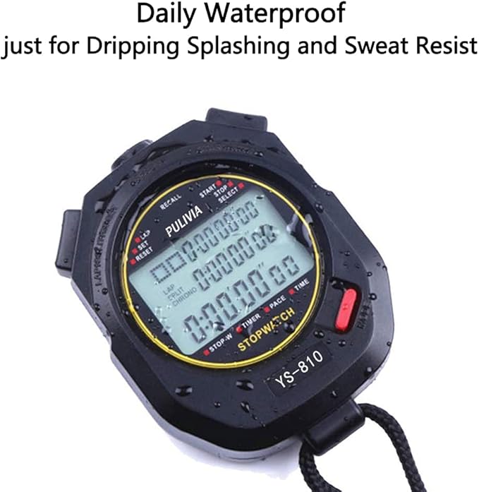 Sports Stopwatch Timer 10 Lap Split Memory Digital Stopwatch 12/24 Hour 3 Rows