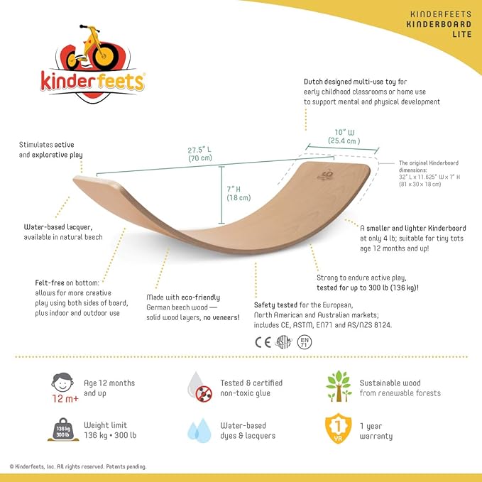 Kinderfeets, Kinderboard, Waldorf Original Wooden Balance Board for Toddlers, Kids, Teens, Adults -Wobble Balance Board - Kids Wooden Toys Learning Toys - Rocker Board Yoga and Exercise