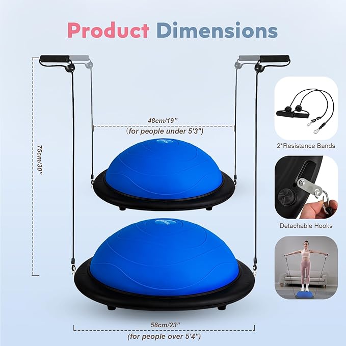 Half Balance Ball Trainer, Inflatable Half Exercise Ball Balance Trainer with Pilates Ball & Resistance Bands, Non-Slip Half Yoga Ball for Home Gym Full Body Workouts