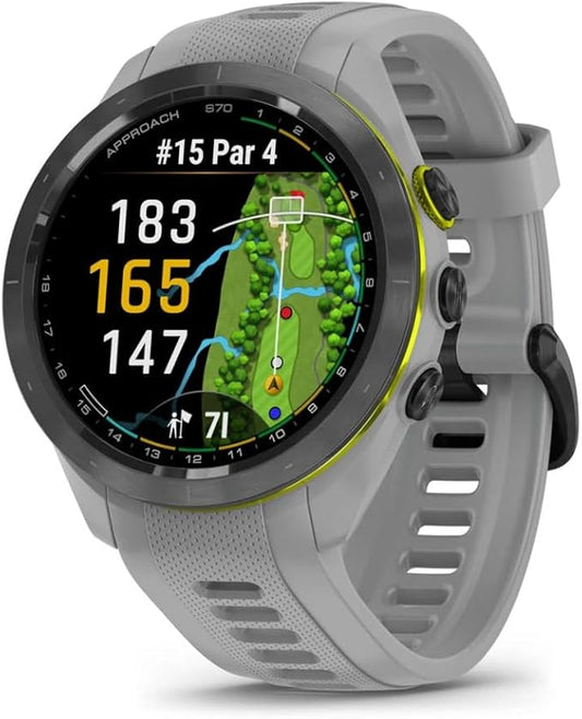 Garmin Approach S70 42MM Gray- Fitness Tracker Golf GPS Premium Smartwatch for Men, Lightweight Touchscreen AMOLED Display and Pre-Loaded Courses Bundle with Wireless Ear Buds & More