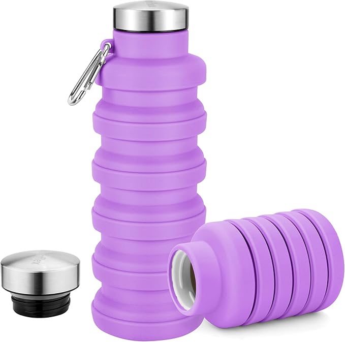 Collapsible Water Bottles 17oz, Portable Leak-Proof Travel Water Bottle, Reuseable BPA Free Silicone Foldable Water Bottle with Carabiner for Gym, Traveling, Camping, Hiking, Sports-Purple