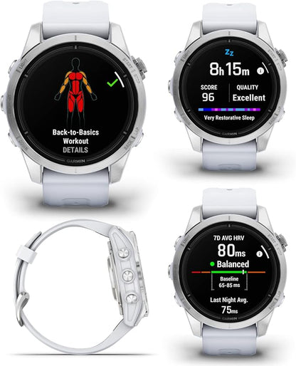 Wearable4U - Garmin epix Pro (Gen 2), 42mm, High Performance Smartwatch, Advanced Training Technology, Built-in Flashlight, Whitestone with White Earbuds Bundle