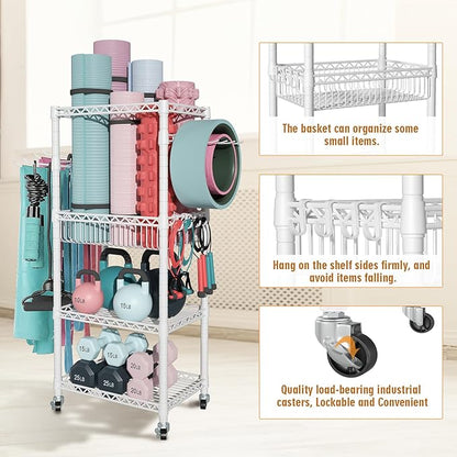 Home Gym Storage, 3 Tiers Workout Equipment Organizer with Wheels for Yoga Mats, Foam Roller, Dumbbells, Kettlebells, and Resistance Bands