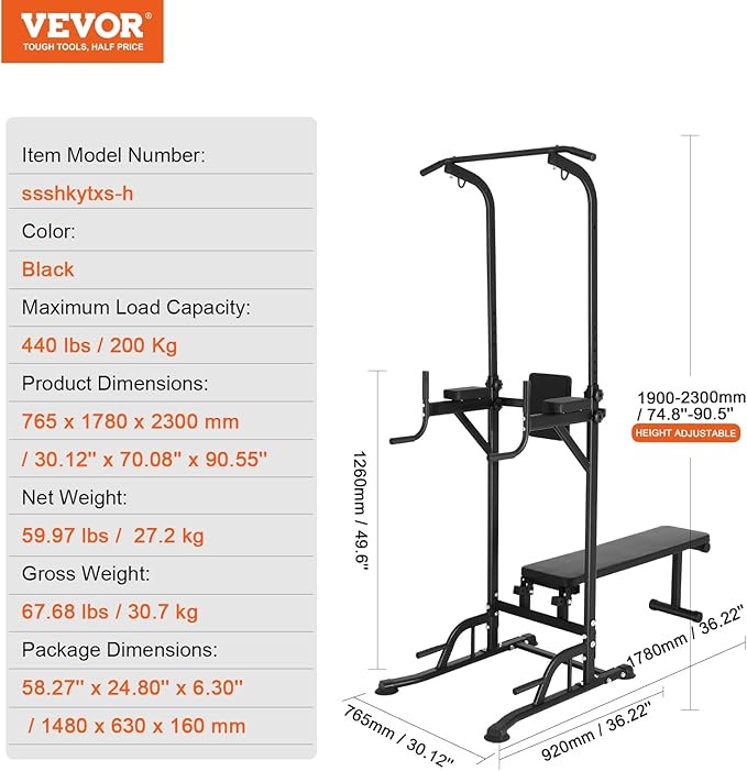 VEVOR Power Tower with Bench 10-Level Height 440LBS