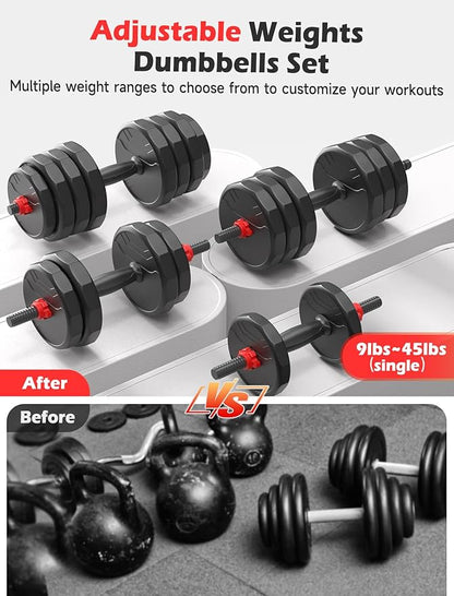 Adjustable Dumbbells, 20/30/40/55/60/70/80/90lbs Free Weight Set with Connector, 2 or 3 in 1 Dumbbells Used as Barbell, Kettlebells, Fitness Exercises for Home Gym Suitable for Men/Women