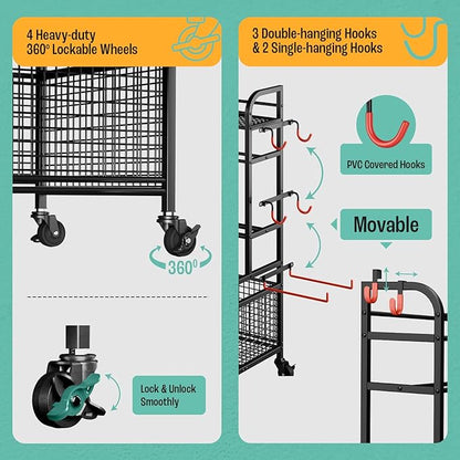 Yes4All Dumbbell Rack, Weight Rack for Home Gym, Sports Equipment Organizer for Dumbbells Kettlebells Yoga Mat Foam Roller and Balls, All in One Gym Workout Storage with Wheels and Hooks