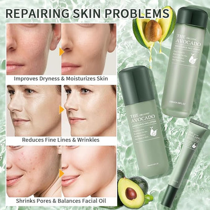 Avocado Skin Care Set, 13-In-1 Travel Skincare Kits for Hydrating & Soothing Skin, Daily Care Routine Kit with Avocado, Anti Aging Facial Kit for Women, Reduces Acne, Fine Lines & Wrinkles.