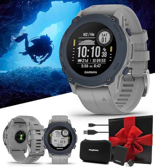 PlayBetter Garmin Descent G1 (Powder Gray) Dive Computer Watch Gift Box Bundle - Rugged Smart Watch with Compass & Depth Sensor, Surface & Exit Points - Includes Charger, Wall Adapter & Hard Case