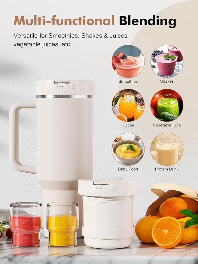 Portable Blender Lid for Adventure/Stanley Quencher H2.0 FlowState 40oz - Personal Blender for Shakes and Smoothies, Portable Juicer, Small Magic Bullet Cup