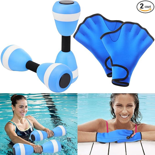 Water Aerobics Set for Aquatic Exercise 1 Pair Neoprene Swimming Glove 2 Pcs Foam Aquatic Dumbbells Water Weights Equipment Pool Resistance Fitness Equipment for Training Workouts