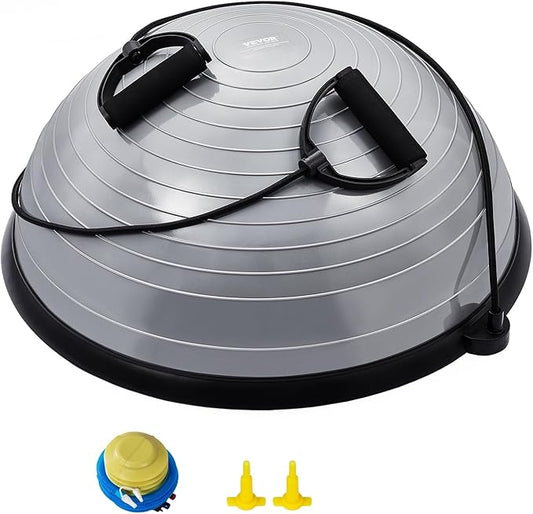 VEVOR Half Exercise Ball Trainer, 23/26 inch Balance Ball Trainer, 1500lbs Capacity Stability Ball, Yoga Ball with Resistance Bands & Foot Pump, Strength Fitness Ball for Home Gym Full Body Workout Black