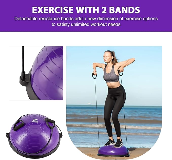 ZELUS Balance Ball Trainer with Resistance Bands and Foot Pump, Inflatable Yoga Ball for Home Gym Workouts, 23 Inch Exercise Half Ball for Balance Training Core Strength Fitness More, 330lb Cap