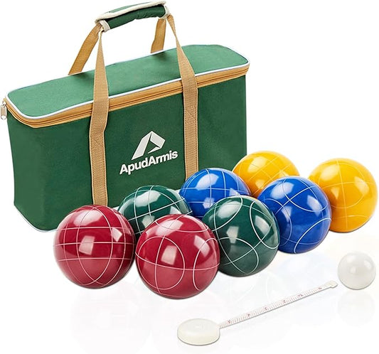 ApudArmis Bocce Balls Set, Regulation Size 100mm Bocce Game for Outdoor/Backyard/Lawn/Beach with 8 PCS 100% Poly-Resin Balls / 1 Pallino/Nylon Carrying Case/Measuring Rope (Red,Blue,Green,Yellow)
