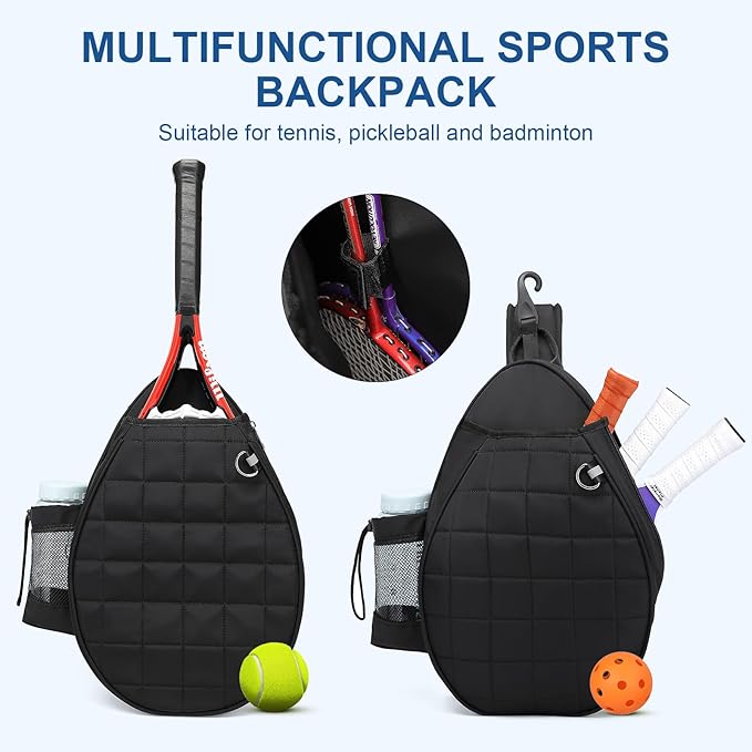 Tennis Bag, Tennis Backpack Holds 2 Rackets, Quilted Crossbody Sling Bag, Waterproof Pickleball Bags with Safety Pocket for Women and Men