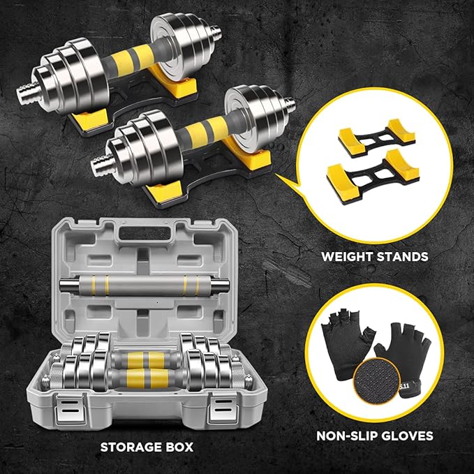 PHOEROS Adjustable Dumbbell Set - 44/66/88 LBS weights set, Dumbbell Barbell 3 in 1, Steel Dumbbells Pair with Connecting Rod for Adults Women Men Fitness Workout, Home Gym Exercise Training Equipment (44, Pounds)