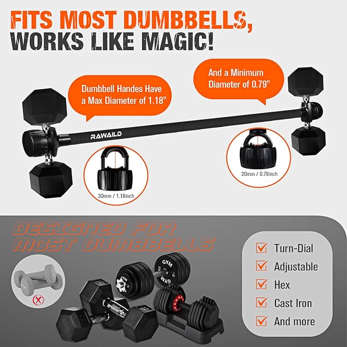 Dumbbell Converter, Convert Dumbbells to Barbell Set, Weight Bar for Bench Presses, Squats, Hip Thrust, Deadlifts, Home Weightlifting and Strength Training, Up to 300lbs, Versatile Home Gym Equipment