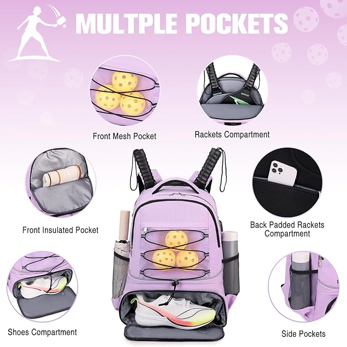 Bevalsa Pickleball Bag for Women Men Teens, Tennis Bag with Shoe Compartment, Multifunctional Sports Padel Racket Bag Badminton Backpack Fits 4 Rackets with Fence Hook