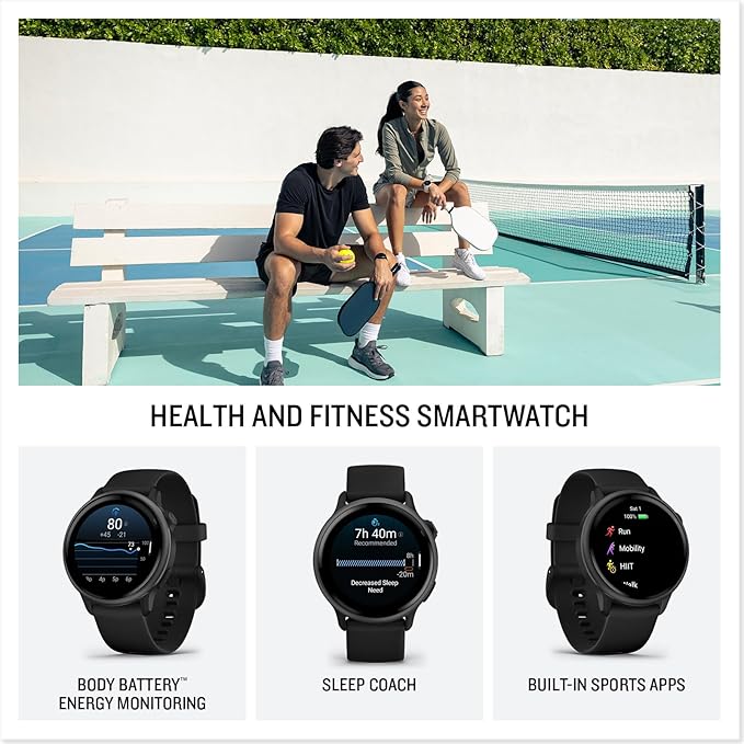 Garmin Vivoactive 6 Fitness GPS Smartwatch AMOLED Display Slate with Black Silicone Band, 11-Day Battery, 80+ Sports Modes, Activity Tracking Smart Features, Music, Contactless Payments Bundle
