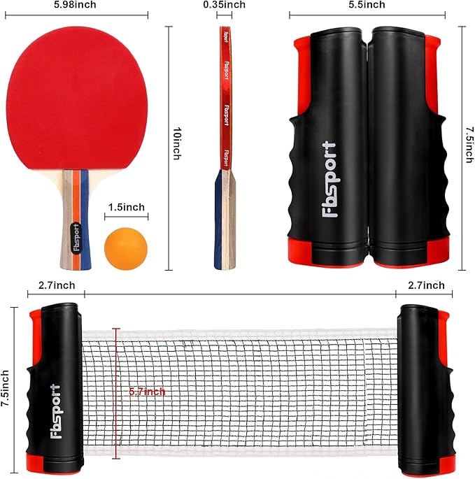 FBSPORT Ping Pong Paddle Set, Table Tennis Set with 4 Rackets and 8 Balls, Retractable Net with Storage Bag - Pingpong Paddle Accessories for Indoor/Outdoor Games