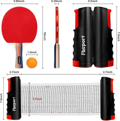 FBSPORT Ping Pong Paddle Set, Table Tennis Set with 4 Rackets and 8 Balls, Retractable Net with Storage Bag - Pingpong Paddle Accessories for Indoor/Outdoor Games
